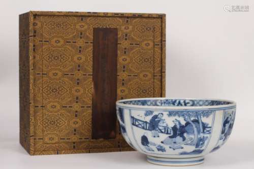 A Chinese Porcelain Daqing-Kangxi-Nianzhi Mark Blue&White Story Carved Bowl