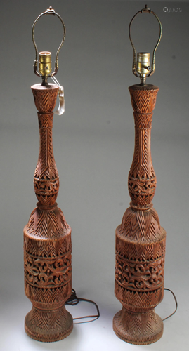 A Pair of Chinese Wooden Carved Lamp Holders