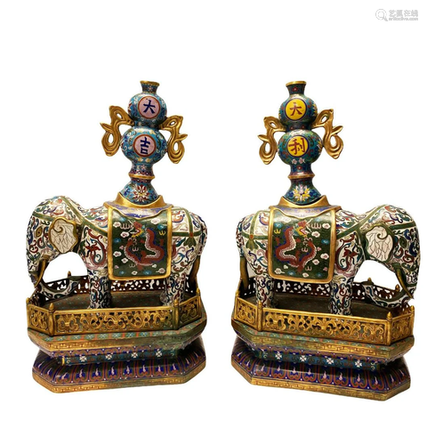 Antique Pair of Cloisonne Elephant Statues