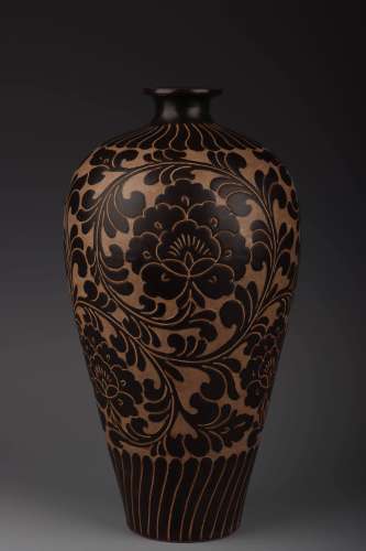 Black-glazed Mei Vase Carved with Peony Design, Cizhou Kiln ,Song Dynasty