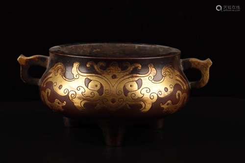 A Double-Handled Gilt Xuande Incense Burner with Animal-Mask Design  ,Ming Dynasty