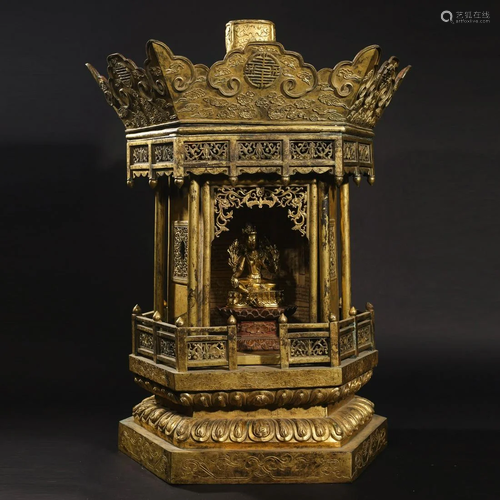 A GILT BRONZE BUDDHIST HEXAGONAL SHRINE