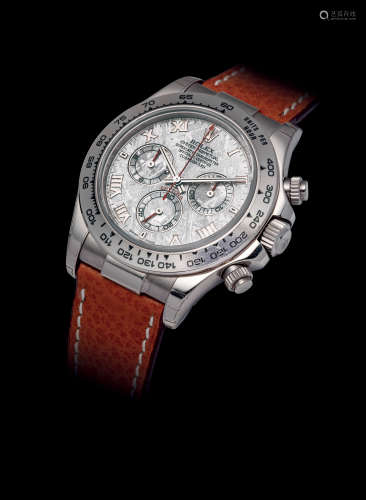 劳力士，非常精美，白金计时机械腕表，配备银白色陨石表盘，型号116519