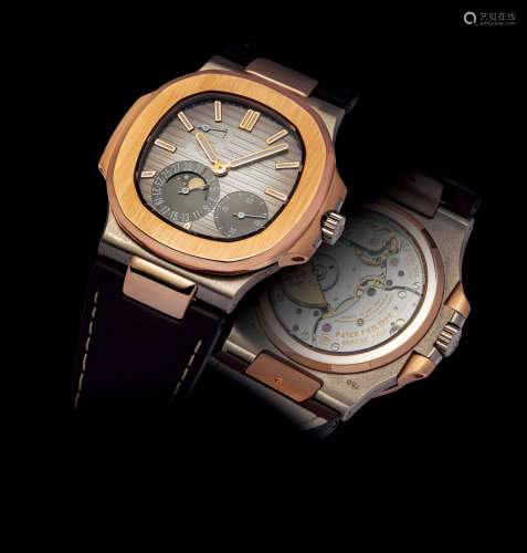 百达翡丽，非常精美及罕有，双色金机械腕表，配备日历及月相显示表盘，及动力储存显示，型号5712GR，约2013年