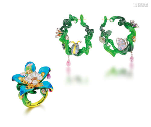 迪奥设计 高级珠宝Milly Camivora系列 彩漆钻石戒指及耳环 （一套）
