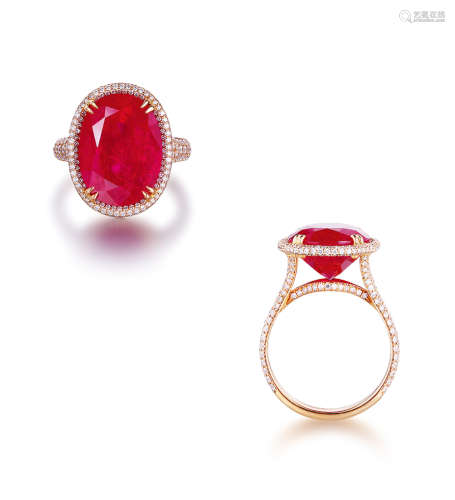萧邦设计 极其精美罕有11.15克拉天然「缅甸抹谷」「鸽血红」红宝石配钻石戒指，未经加热