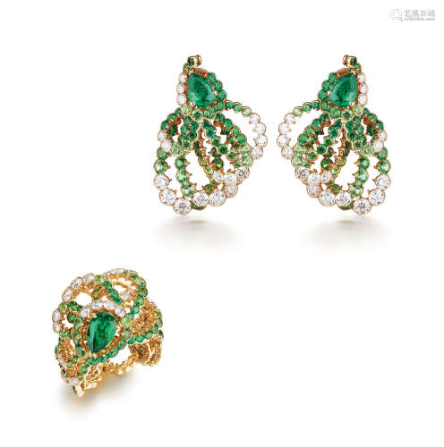 迪奥设计 ARCHI DIOR系列 祖母绿配钻石戒指及耳环 （一套）
