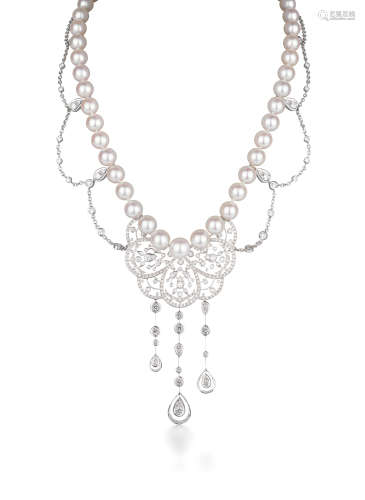 香奈儿设计 钻石配珍珠项链