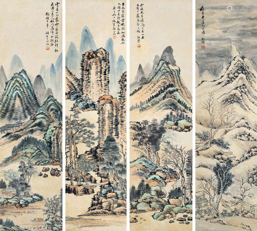 翁同和（1830～1904） 1900年作 四时清兴 立轴四屏 设色纸本