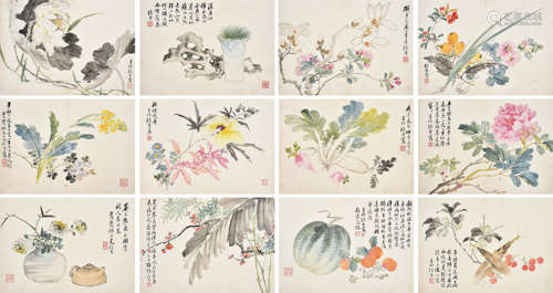 张熊（1803～1884） 1851年作 花卉茶果 册页 （十二开） 设色纸本