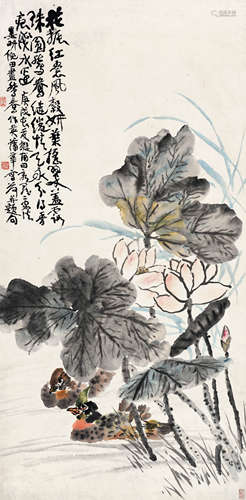 蒲华（1832～1911）倪田（1855～1919） 1910年作 荷花鸳鸯 镜框 设色纸本