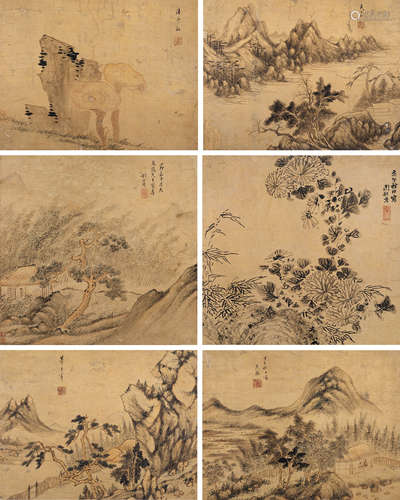 董其昌（1555～1636）吴振周裕度等 山水 镜片 （六开） 设色洒金笺