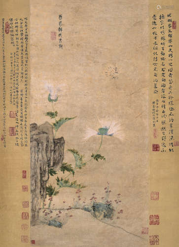 文俶（1595～1634） 花石蛱蝶 镜框 设色洒金笺