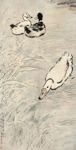 徐悲鸿（1895～1953） 1943年作 春塘水暖 镜框  设色纸本