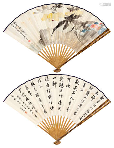 吴琴木（1894～1953）沈尹默（1883～1971） 1948年作 花卉、行书诗 成扇 没色纸本