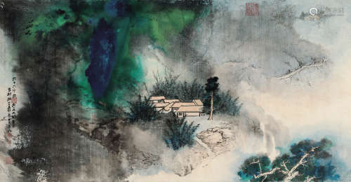 张大千（1899～1983） 1977年作 竹林幽居 镜框 设色纸本