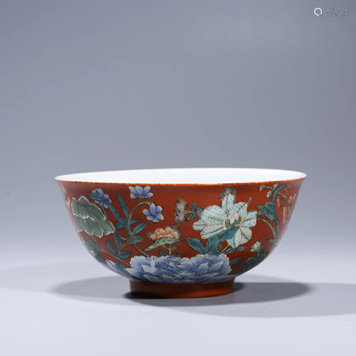 A CORAL RED GLAZED LOBED PORCELAIN BOWL