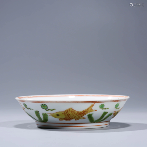 A RED & GREEN GLAZED FISH PORCELAIN DISH WITH DA MING