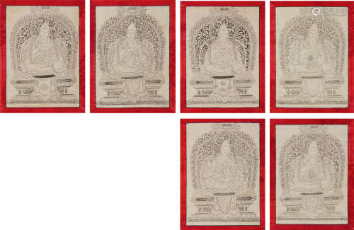 19世纪 白描达赖喇嘛世系唐卡一套