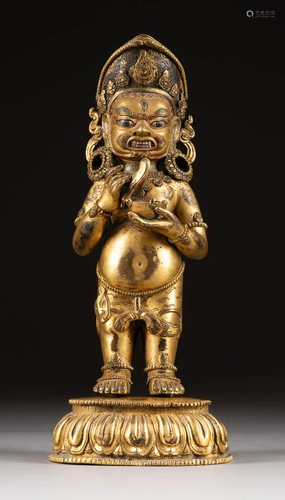 STEHENDER MAHAKALA Tibet, 17./18. Jh. Bronze, part.