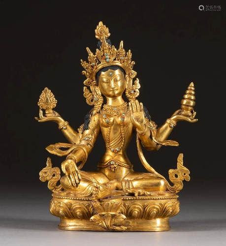 VIERARMIGE TARA Tibet, wohl 19. Jh. Bronze, part.