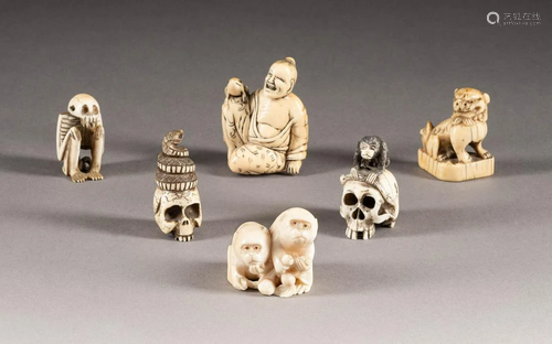 SECHS NETSUKE Japan, um 1900 und früher Elfenbein.