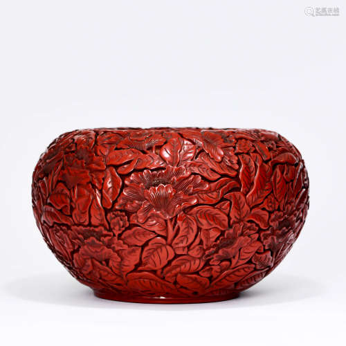 A Peony   Carved Red Lacquerware Utensil