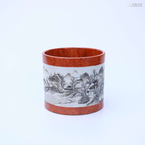 A Wood Grain Glazed Grisaille Landscape Characters Porcelain Brush Pot