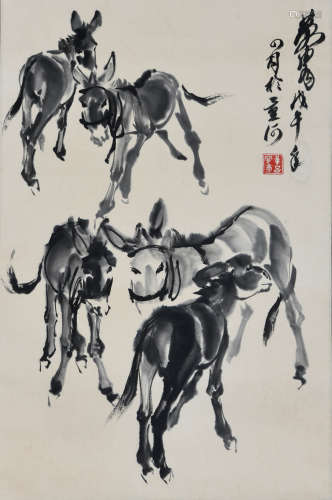 A Chinese Five Donkeys Painting, Huang Zhou Mark