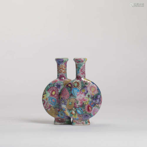A Famille Rose Floral Porcelain Overlapped Oblate Vase