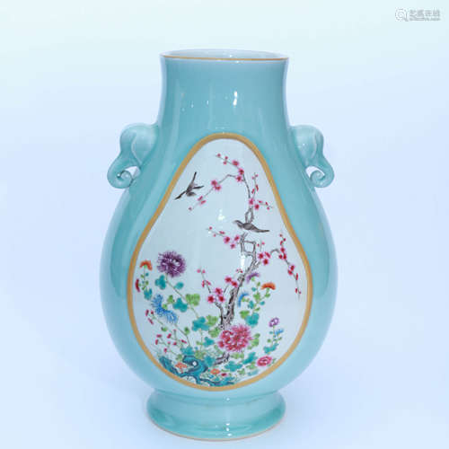 A Celadon-glazed Famille Rose ‘Flower&Birds’ Porcelain Zun With Double Ears