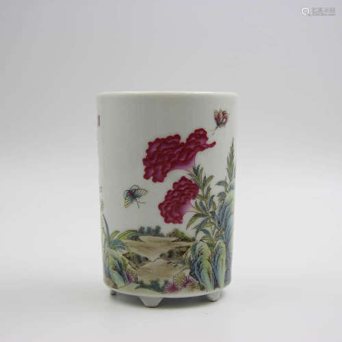 An Enamel Floral Porcelain Inscribed Brush Pot