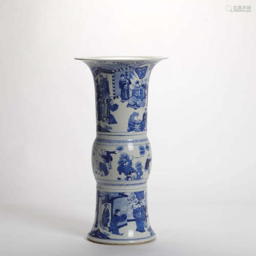 A Blue and White Figure   Porcelain Beaker Vase