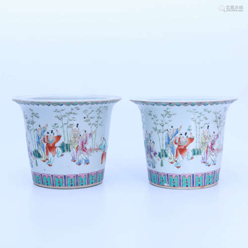 A Pair Of Famille Rose ‘Children at Play’ Porcelain Flowerpots