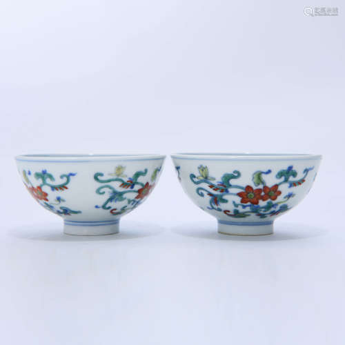 A Pair of Doucai Floral Porcelain Bowls