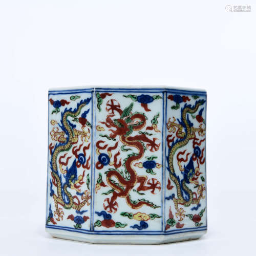 A Blue and White Famille Verte Dragon   Porcelain Octagonal Brush Pot