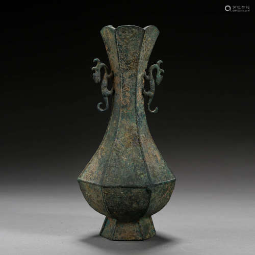 A Double Dragon Ears Bronze Hexagon Vase