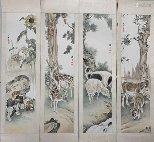 Four Pieces Chinese Animals Painting, Liu Kuiling Mark