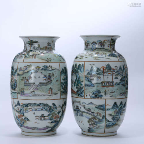 A Pair of Famille Rose Painted Porcelain Lantern-shaped Vase