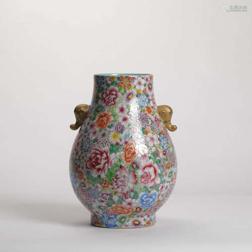 A Famille Rose Floral Porcelain Double Ears Tube Shaped Vase
