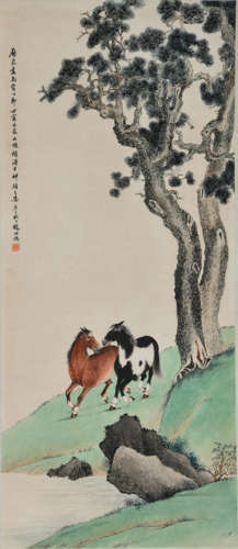 A Chinese Double Horse Painting, Zhao Shuru Mark