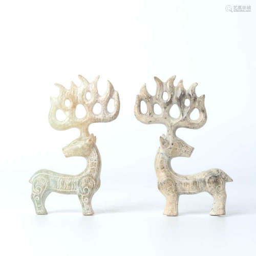 A Pair of Jade Carved Deer Ornament