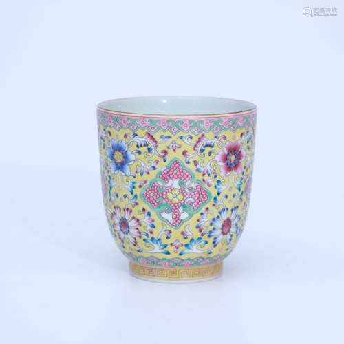 A Yellow-ground Famille Rose Floral Porcelain Cup