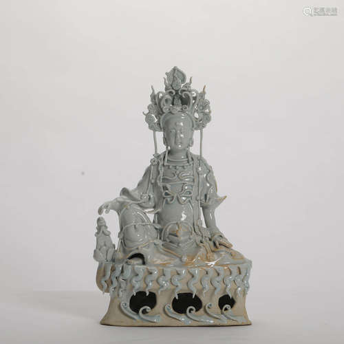 A Shadow Blue Glaze Porcelain Guanyin Statue