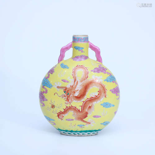 A Yellow-ground Famille Rose Dragon Oblate Porcelain Vase