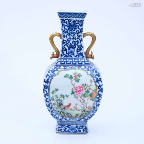 A Blue and White Babao And Famille Rose Flower&Bird Gilt-inlaid  Porcelain Oblate Vase With Double Ears
