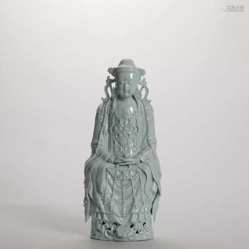 A Shadow Blue Glaze Porcelain Guanyin Statue