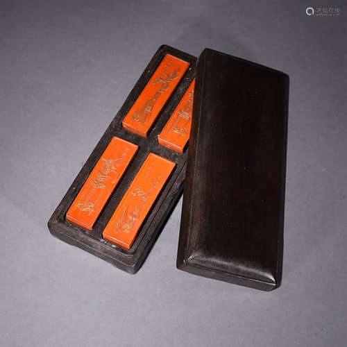 4pcs Bogu Pattern Vermilion Inker with The Original Rosewood Box