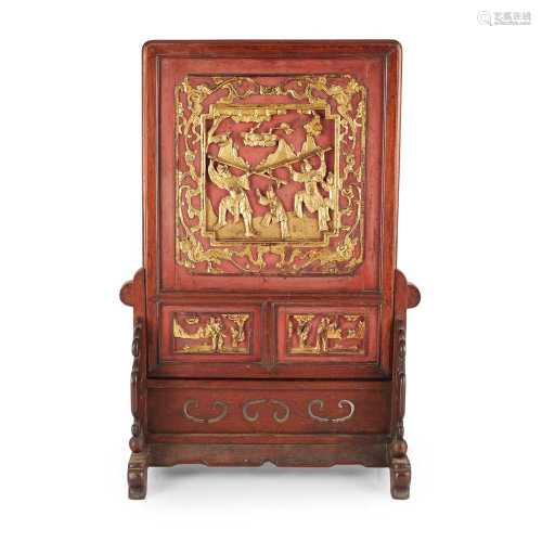 RED AND GOLD CARVED WOODEN TABLE SCREEN