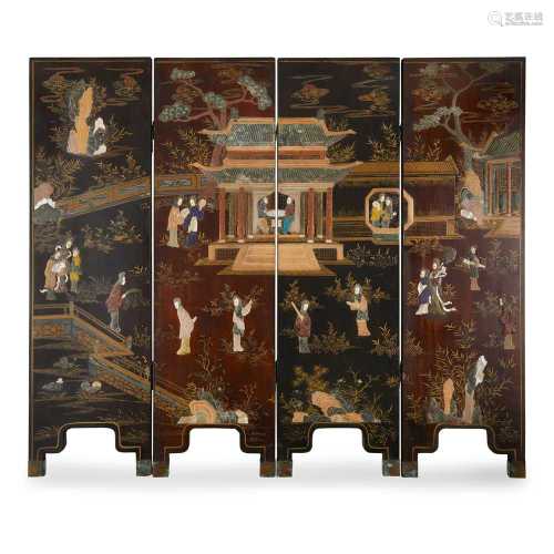 Y HARDSTONE INLAID AND LACQUER FOUR-FOLD SCREEN 19TH-20TH CENTURY